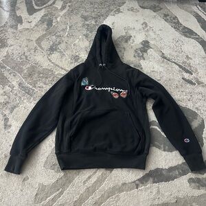 Champion Black Hoodie with Embroidered Logo and Butterfly Details